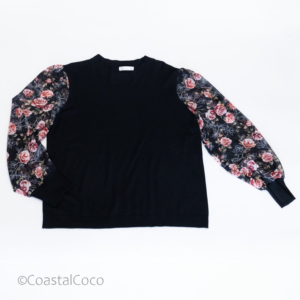 89th Madison Black Sweater XL Sheer Floral Sleeve Romantic Roses Cottagecore NWT